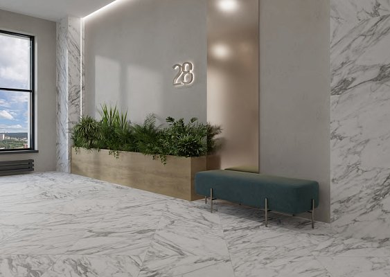Дизайнерский керамогранит калиброванный CA 610 calacatta 600x600x10 белый мрамор ПИАСТРЕЛЛА
