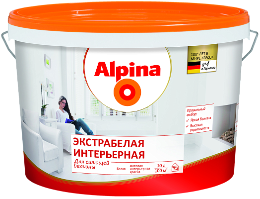 Краска водно-дисперсионная для внутренних работ Alpina Экстрабелая интерьерная белая